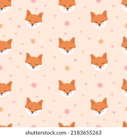 Cute fox with stars, seamless pattern. Light background. Pastel concept. Cute cartoon. Kawaii character