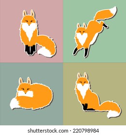 Cute fox sticker set, vector