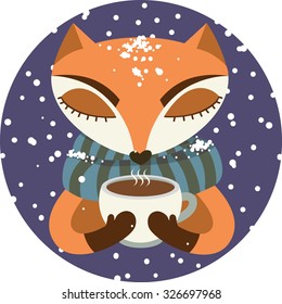 Cute fox in stripped scarf with cup of coffee in winter