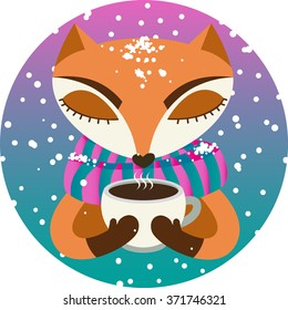 Cute fox in stripped scarf with cup of coffee in winter on gradient round background
