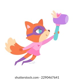 Cute fox superhero vector illustration. Cartoon isolated brave female animal character with hero mask and pink dress flying and showing girl super power with hearts, strong fox lady holding gun