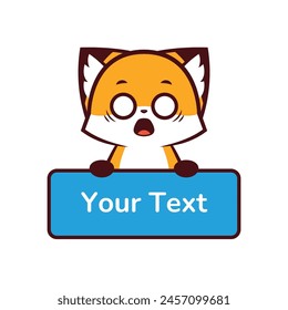 zorro lindo con expresión sorprendida sosteniendo un cuadro de texto, zorro lindo con expresión sorprendida sosteniendo texto de etiqueta, ícono de Vector, logotipo de Vector, signo de Vector