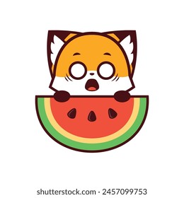Cute Fox with surprised expression Holding a Watermelon, vector icon, vector logo, vector sign