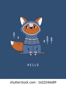 Cute fox in sweater with scandinavian, nordic ornament. Adorable foxy animal baby in forest. Hello card. Childish animal character vector illustration. Ideal for cards, poster, decoration, textile