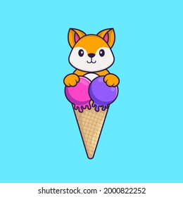 Feiner Fuchs mit süßem Eis. Konzept der Tierkarikatur einzeln. Kann für T-Shirt, Grußkarte, Einladungskarte oder Maskottchen verwendet werden.