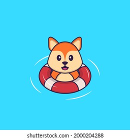 Cute fox is Swimming with a buoy. Animal cartoon concept isolated. Can used for t-shirt, greeting card, invitation card or mascot.