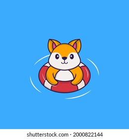 Cute fox is Swimming with a buoy. Animal cartoon concept isolated. Can used for t-shirt, greeting card, invitation card or mascot.