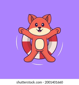 Cute fox is Swimming with a buoy. Animal cartoon concept isolated. Can used for t-shirt, greeting card, invitation card or mascot.