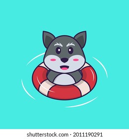 Cute fox is Swimming with a buoy. Animal cartoon concept isolated. Can used for t-shirt, greeting card, invitation card or mascot.