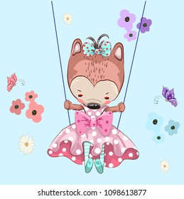 Cute Fox in swing cartoon hand drawn vector illustration. Can be used for baby t-shirt print, fashion print design.