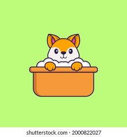 Cute fox taking a bath in the bathtub. Animal cartoon concept isolated. Can used for t-shirt, greeting card, invitation card or mascot.