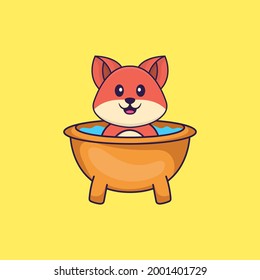 Cute fox taking a bath in the bathtub. Animal cartoon concept isolated. Can used for t-shirt, greeting card, invitation card or mascot.