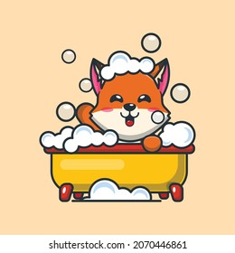 Cute fox taking bubble bath in bathtub. Cute animal cartoon illustration.