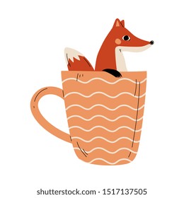 Cute Fox in Teacup, Adorable Little Cartoon Animal Character Sitting in Coffee Mug Vector Illustration