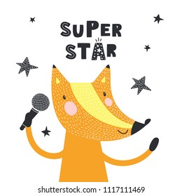 Cute fox with text Super star. Vector illustration
