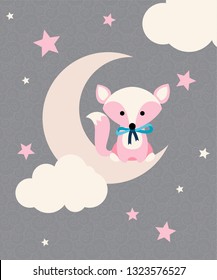 Cute fox with tie sitting on the crescent in front of stars and clouds. Vector illustration