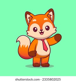 Cute Fox With Tie Waving Hand Cartoon Vector Icon Illustration. Animal Business Icon Concept Isolated Premium Vector. Flat Cartoon Style