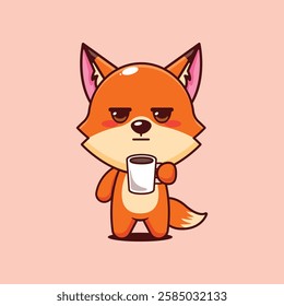 Cute fox is tired and sleepy holding coffee cartoon vector illustration. vector cartoon illustration suitable for poster, brochure, web, mascot, sticker, logo and icon.icon.