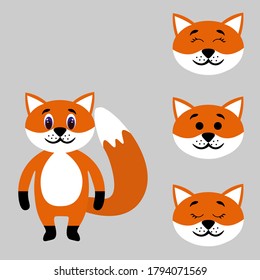 Cute fox torso with extra heads isolated on white background. Animal emotions. Cute wild animals. Stock vector illustration for books and magazines, clothes, fabrics, postcards, internet.