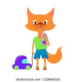 cute fox with a toy and a cocktail