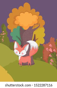 cute fox with tree foliage hello autumn vector illustration