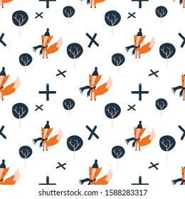cute  fox with trees and another abstract symbols seamless vector pattern 