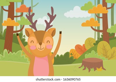 cute fox trunk trees nature forest foliage landscape vector illustration