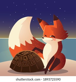 cute fox and turtle wild nature cartoon animal vector illustration