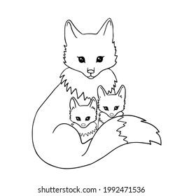 Cute fox with two cubs for coloring page or book. Cartoon wild animal family. Black and white vector 10 EPS illustration.