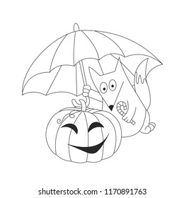Cute fox, umbrella from the rain and a pumpkin. Halloween. Autumn holidays. Vector Illustration