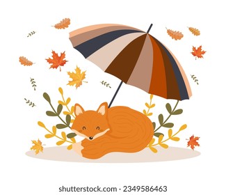 Pezo lindo bajo un paraguas rayado con hojas de otoño. Estilo de caricatura. Impresión otoñal, vector