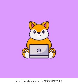 Cute fox using laptop. Animal cartoon concept isolated. Can used for t-shirt, greeting card, invitation card or mascot.