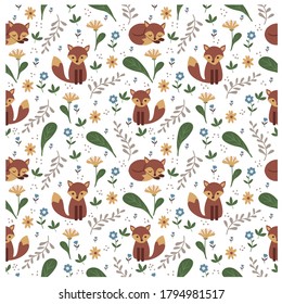 cute fox and variety flower in the meadow seamless pattern