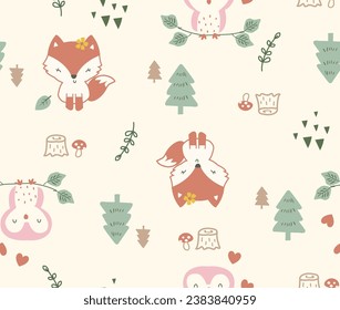 Cute fox vector, forest friends vector, forest friend pattern, Cute owl vector, forest vector