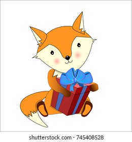Cute fox vector. Foxy in a Christmas time. Cartoon animal with  Xmas present