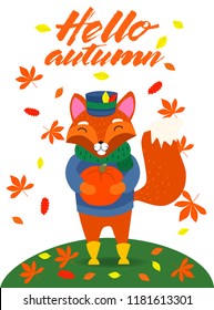 cute Fox vector illustration , children's ,pumpkin, autumn