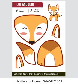 Cute fox vector illustration for kids education paper game with cut and glue activity