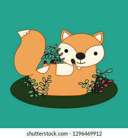Cute fox vector illustration on green background.