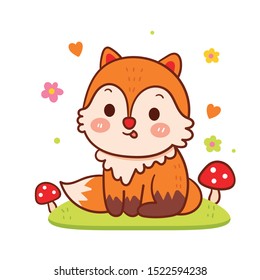 Cute fox vector Kawaii animal cartoon, autumn woodland forest character (poster illustration). doodle Nursery decoration. Valentine day, anniversary, save the date, baby shower, bridal, birthday.