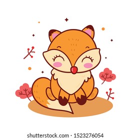 Cute fox vector Kawaii animal cartoon, autumn woodland forest characters (poster illustration). Sweet Nursery decoration.Doodle,Valentine day, anniversary, save the date,baby shower, bridal, birthday.