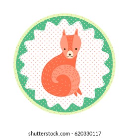 Cute fox. Vector round icon sticker with a polka-dot pattern in cartoon style for print design of children's banners, postcards, posters, booklets.