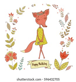 Cute fox with vintage frame for your design in doodle style. Cartoon illustration for wedding invitations and romantic cards, birthday and other holiday.