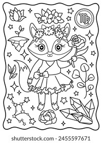 Cute fox Virgo. Kawaii. Cute characters. Coloring page, page, book, black and white vector illustration.