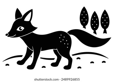 Cute Fox Walking in Country Silhouette Vector Illustration.