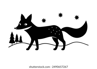 Cute Fox Walking Country Silhouette Vector Illustration.