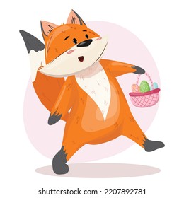 Cute fox walking with the easter basket full of painted eggs. Easter hunt illustration with a happy fox in flat cartoon illustration. Spring, Easter holiday. 