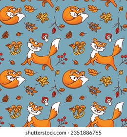 Cute fox walks in the autumn forest. Seamless pattern. Kids print. Vector.