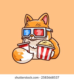 Cute Fox Watching Cinema With Popcorn And Soda Cartoon 
Vector Icon Illustration. Animal Food Icon Concept Isolated 
Premium Vector. Flat Cartoon Style 