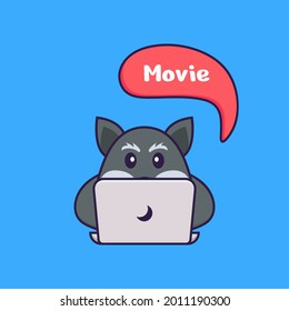 Cute fox is watching a movie. Animal cartoon concept isolated. Can used for t-shirt, greeting card, invitation card or mascot.
