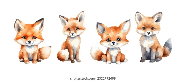 Cute fox watercolor isolated on white background. Set of wild fox animal vector illustration